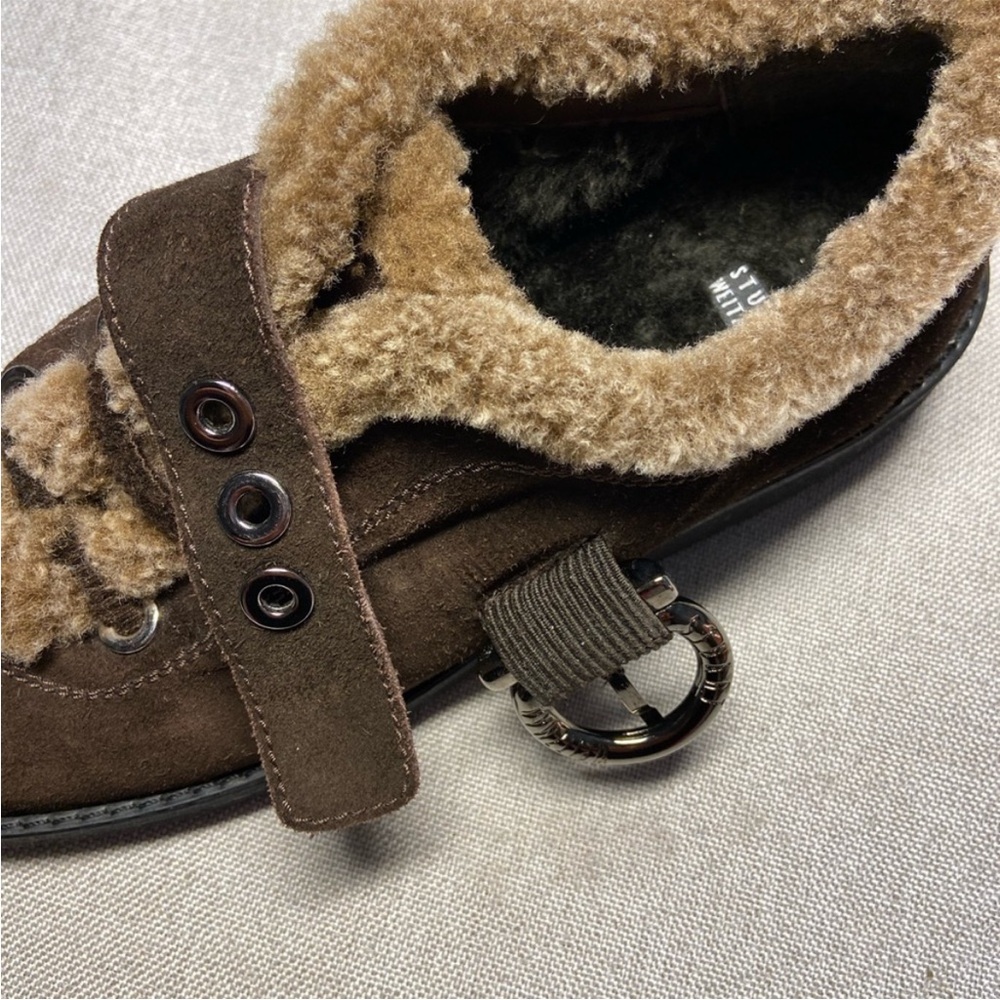 Stuart Weitzman Brown Suede Shearling-Lined Shoe with buckle closure & lug sole - Picture 5 of 12
